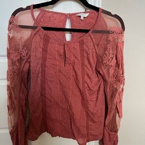 Lucky Brand coral top with sheer sleeves